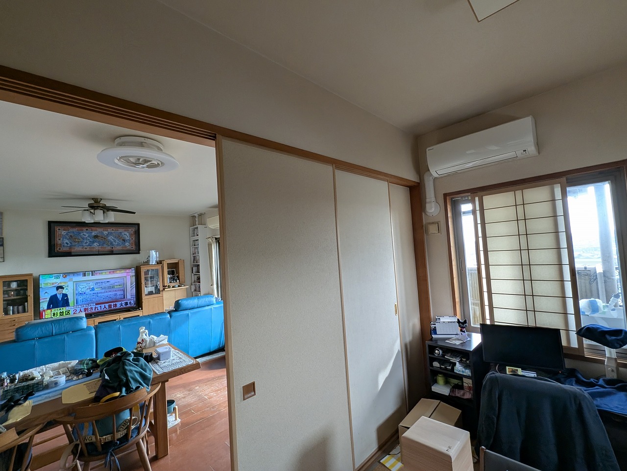 マンションリフォーム　和室からウォークインクローゼット　三枚引戸から引き違いへ　半田市　カワイ建築工房