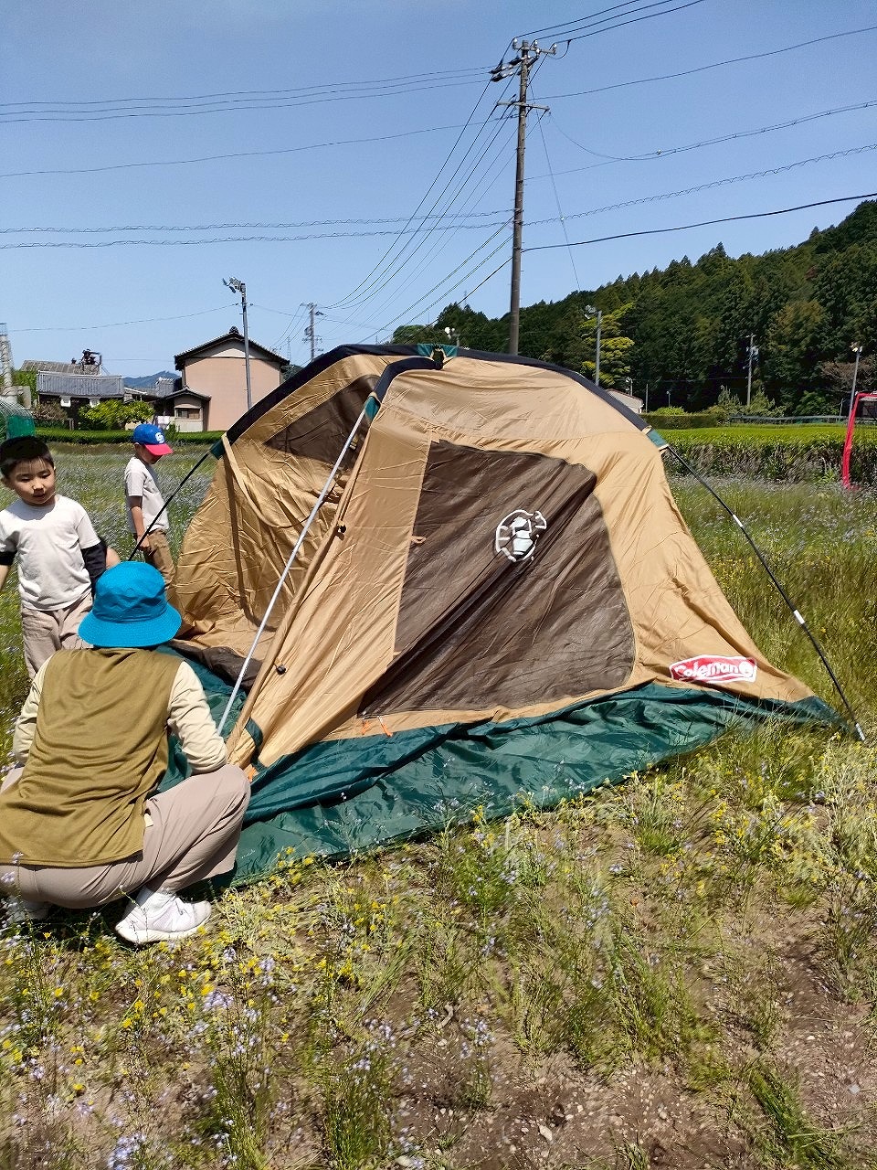 GW　実家帰省　畑でテント張り　キャンプ　三重県　カワイ建築工房